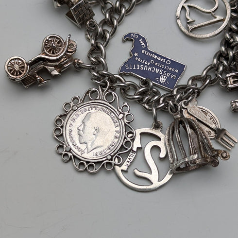 1970 British Vintage Sterling Silver Charm Bracelet 78g D&BS